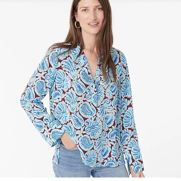 J. Crew Silk Aqua Blue Paisley Tunic Blouse size medium - Picture 1 of 10